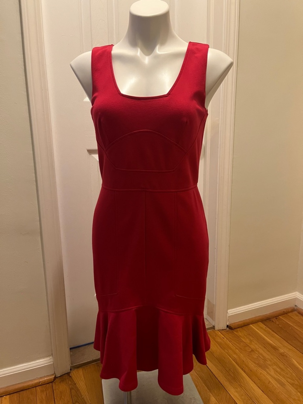 Ann Taylor Red Sleeveless Midi Dress with Flounce Hem